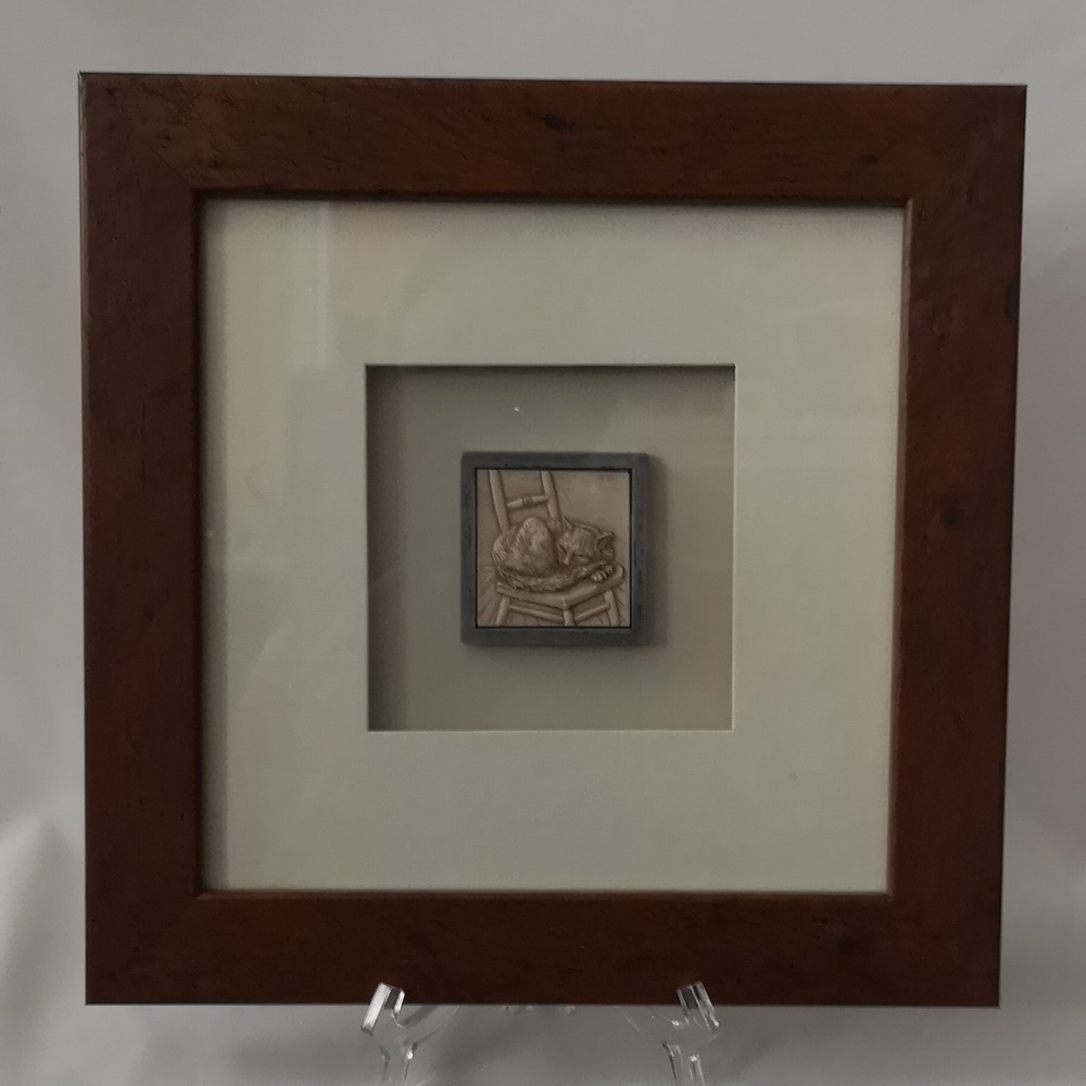 Unique Handmade Tiny Box Clay Cat on Chair in Frame with Glass Hanging Artwork